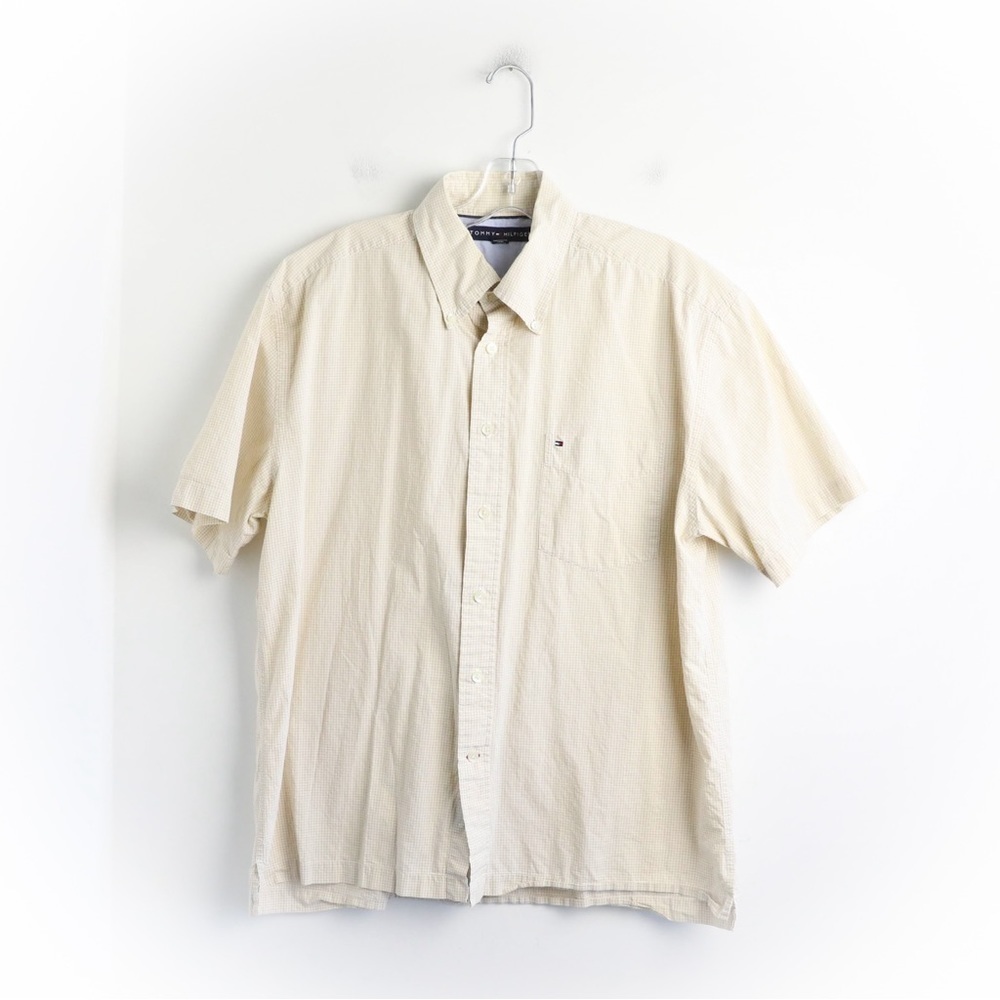 Tommy Hilfiger Short Sleeve Shirt Men Beige print business casual cotton Large L
